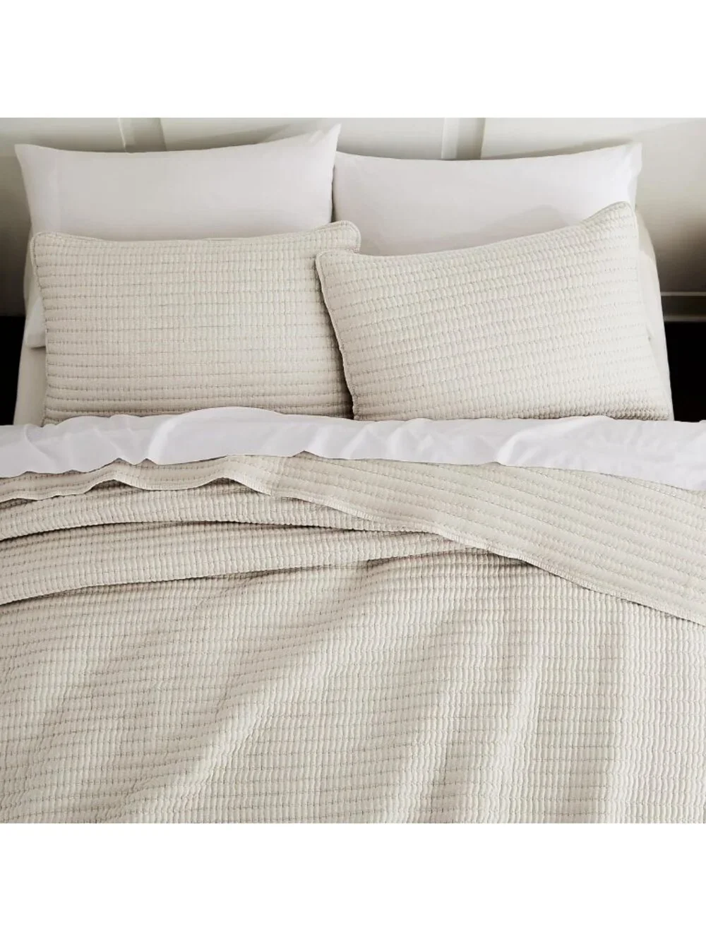 Beige Pick Stitch Queen Quilt Set - Lightweight Striped Summer Bedspread, Rustic